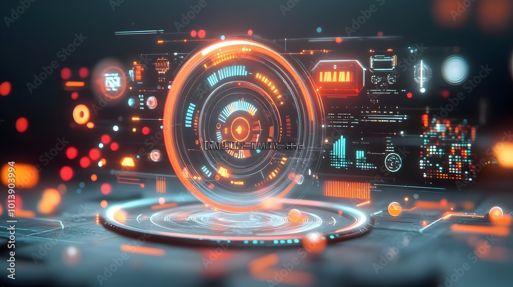 Poster sleek futuristic digital environment with holographic interface elements and data particles dynamic 