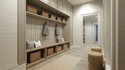 A minimalist mudroom with built-in storage benches, clean lines, and a neutral palette, efficiently organized
