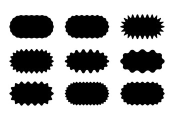 Black oval shapes with wavy edges on a white background. Tags, labels, stamps, crackers, coupons. Vector flat illustration.