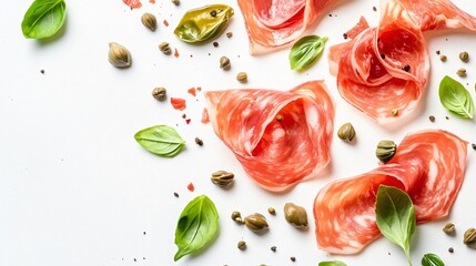 Naklejka premium Thinly carved jamon slices, isolated on a clean white background with scattered capers and basil leaves as decorative elements