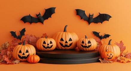 Fototapeta premium Halloween themed 3D render featuring pumpkins and bats on a podium with orange background