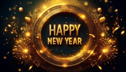 Celebrate the arrival of the New Year with a festive golden greeting card design featuring vibrant decorations. Generative AI