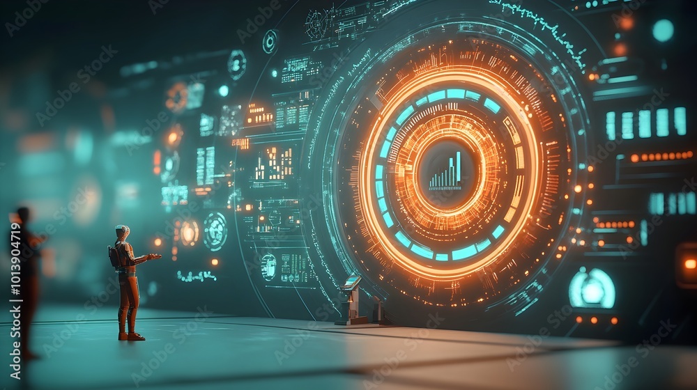 Poster immersive digital environment featuring holographic projections intricate data analytics displays an