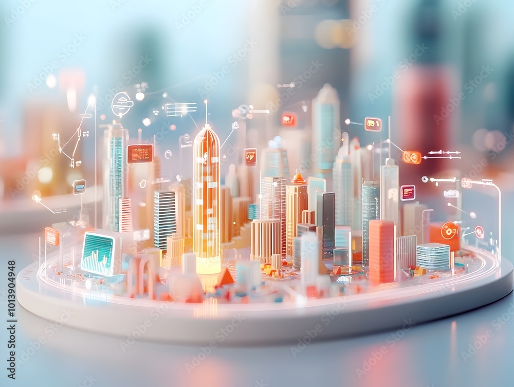Fototapete intricate digital environment with overlapping transparent planes and undulating data visualizations