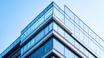 A modern architectural detail of a building's corner, featuring overlapping layers of glass and metal panels