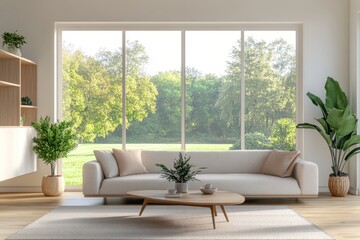a bright and airy living room with a minimalist sofa, a coffee table, and a large window with a park view