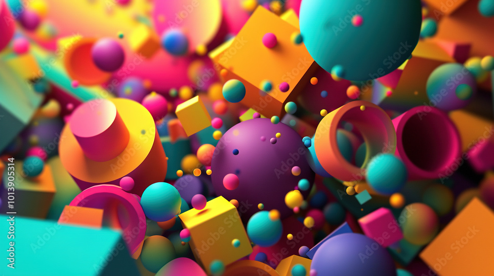 Poster Abstract background with colorful 3D shapes scattered in geometric composition