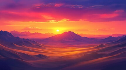 A stunning desert landscape at sunset with vibrant colors and distant mountains.