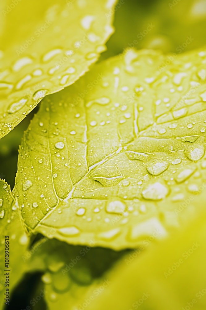 Wall mural Closeup of green leaves with water droplets, nature background