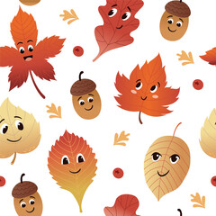 Cute autumn characters seamless pattern. Leaves, acorns. Funny anthropomorphic faces. Vector colorful illustration background.