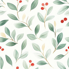 Fototapeta premium A seamless pattern featuring delicate leaves and red berries, perfect for botanical designs and nature-inspired projects.
