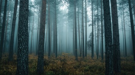 Fototapeta premium A serene foggy forest with tall trees and lush undergrowth.