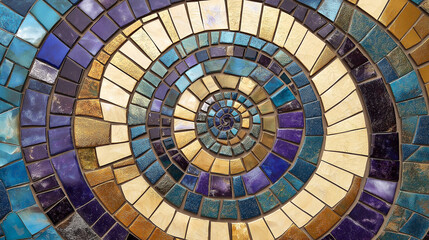 Naklejka premium A beautifully crafted mosaic with concentric spirals. The mosaic comprises of small tiles, each with varying shades of blue, gold, and purple. The tiles are meticulously arranged to a form 