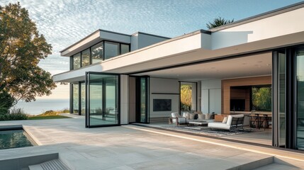 A modern coastal home with sliding glass walls that open completely, blurring the line between indoor and outdoor spaces