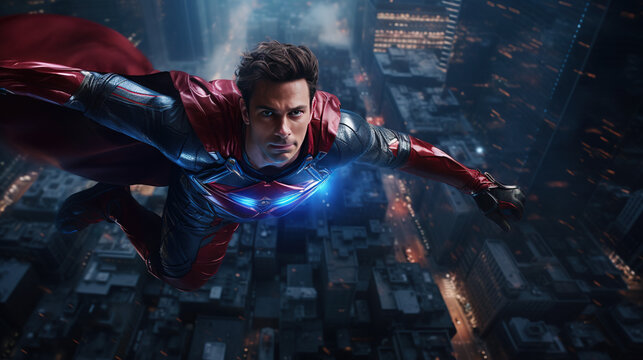 Superhero flying in the sky with costume and cape. Action movie blockbuster shot.