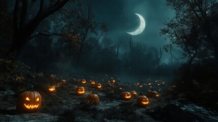 A spooky scene with glowing jack-o'-lanterns in a dark forest under a crescent moon.