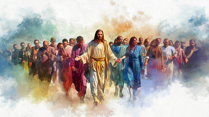 
This captivating digital watercolor painting depicts jesus christ holding hands with a diverse group of individuals, symbolizing unity and inclusivity across different cultures and backgrounds.