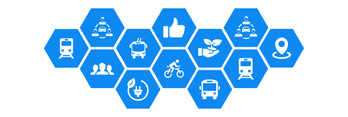 New mobility icon concept ,ecological public transport alternatives: bus, bike, car sharing, train , vector illustration