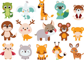 Fototapeta premium Cute animal cartoon vector illustration set