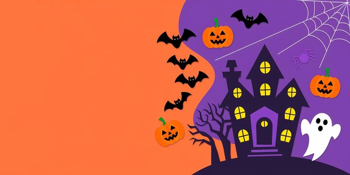 Vector flat illustration for Halloween with an orange and purple palette highlighting a haunted house with illuminated windows surrounded by friendly ghosts and bats and pumpkins.