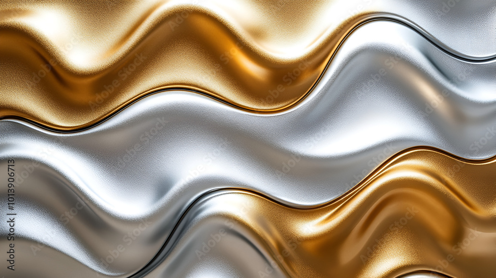 Poster wavy metallic patterns of gold and silver showcasing a fluid and dynamic design in a contemporary ab