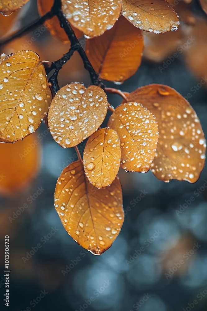 Wall mural Closeup of Dew Drops on Autumn Leaves