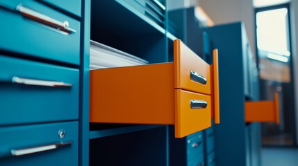 Open blue orange drawers of filing cabinets for storing data, archives and documents in an office setting..