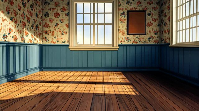 Sunlight streams through a window in a room with floral wallpaper and wood floors