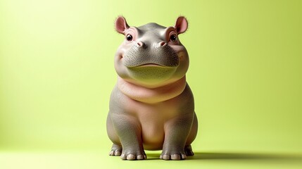 Joyful 3D Rendered Hippo Calf on Green Background