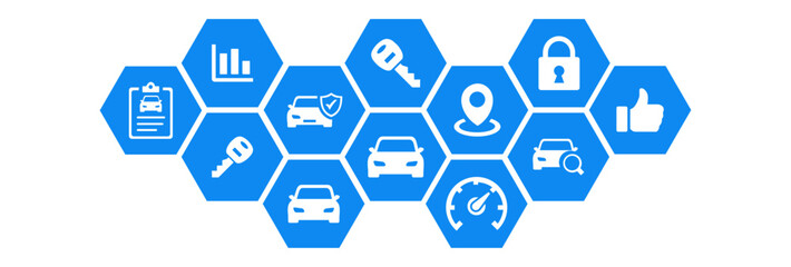 Automotive vector illustration. Concept with connected icons related to different models of cars and car-related concepts: rental car dealership, new or used vehicle, transportation, or car sharing.