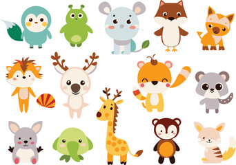 Fototapeta premium Cute animal cartoon vector illustration set
