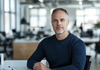 Naklejka premium A confident man is seated at a white desk in a contemporary office, showcasing a focused expression amidst a busy workspace