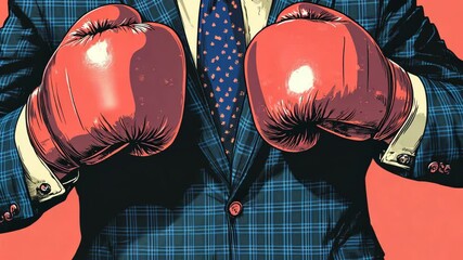 A man in a plaid suit and a tie is wearing boxing gloves - Powered by Adobe