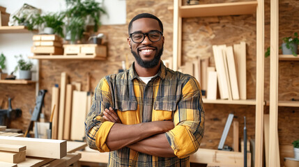 Confident African American woodworker smiling in workshop with tools and wooden planks