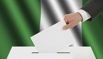 The Nigerian flag and the hand with the bulletin about the ballot box