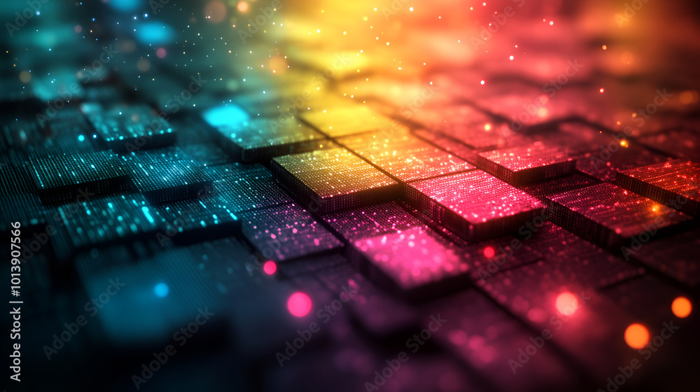 Poster colorful digital pattern with glowing squares creating a vibrant abstract background for technology 