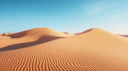 A vast landscape of golden sand dunes with ripples under a bright blue sky.