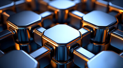 Close-up view of interlocking metallic hexagonal shapes reflecting light in a futuristic arrangement