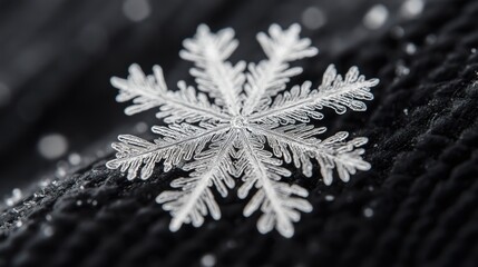A close-up of a delicate snowflake resting on a dark surface.