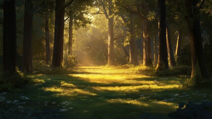 Obraz premium A serene forest glade illuminated by soft sunlight filtering through the trees.