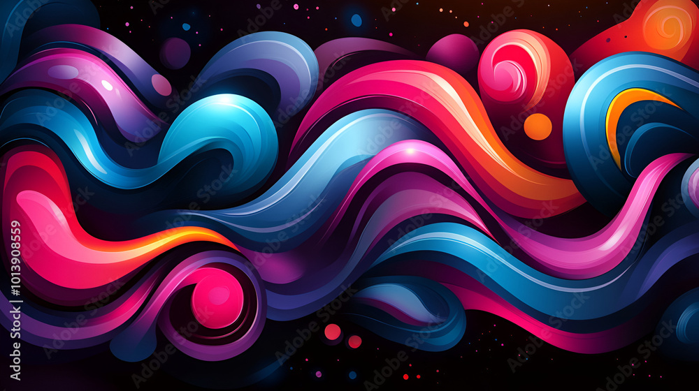 Poster vibrant abstract swirl design featuring dynamic colors and flowing shapes against a dark background,
