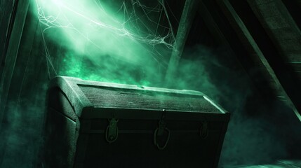 A mysterious treasure chest surrounded by fog and cobwebs in a dimly lit attic.