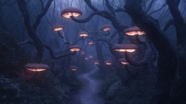 A mystical forest path illuminated by glowing mushrooms under a twilight sky.