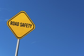 Road safety, yellow sign with blue sky