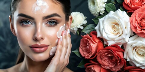 Obraz premium Mujer con piel radiante tocando su rostro para producto de lavado facial