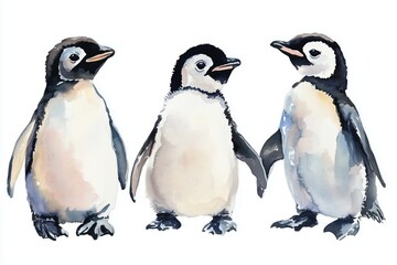 Penguins an isolated white background, watercolor illustration, cute baby penguin 