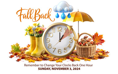 Daylight Saving Time Ends. Fall Back info banner with clock instruction to turning clock back one hour at November 3, 2024 with text reminder - Set Your Clocks Back One Hour.