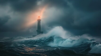 Lighthouse in the storm waves landscape illustration generated by ai