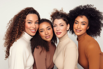 Fototapeta premium Joyful group of diverse women in stylish neutral outfits embracing together