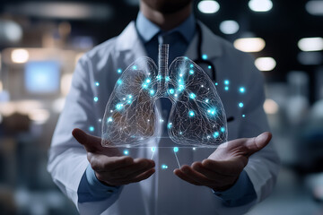 A male doctor is holding a wireframe model of human lungs, symbolizing advanced medical technology and healthcare innovation